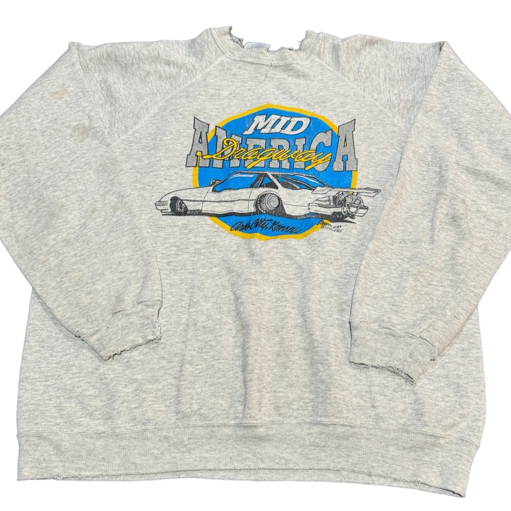 Vintage 90s Hanes Mid America Dragway Sweatshirt Kansas Racing Thrashed Grey pb1